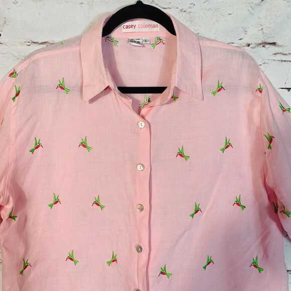 Casey Coleman Pink Embroidered Linen Shirt Large Cottagecore Festival Blouse - Picture 5 of 6